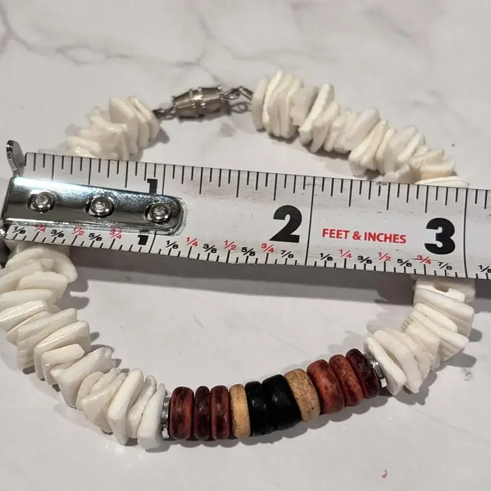 Handmade White Puka Shell Chip and Wood Bead Surfer Bracelet